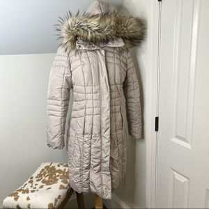 Calvin Klein Beige Tan Fur Hooded Winter Midi Coat Jacket